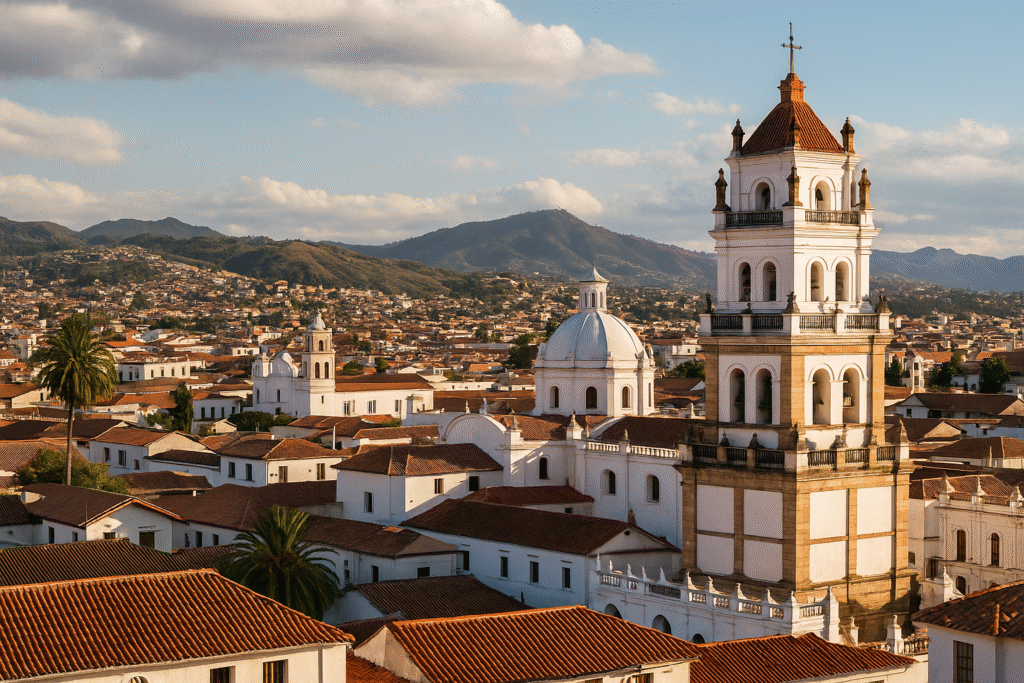 Sucre Travel Guide – Panoramic view of colonial whitewashed streets and cathedral towers
