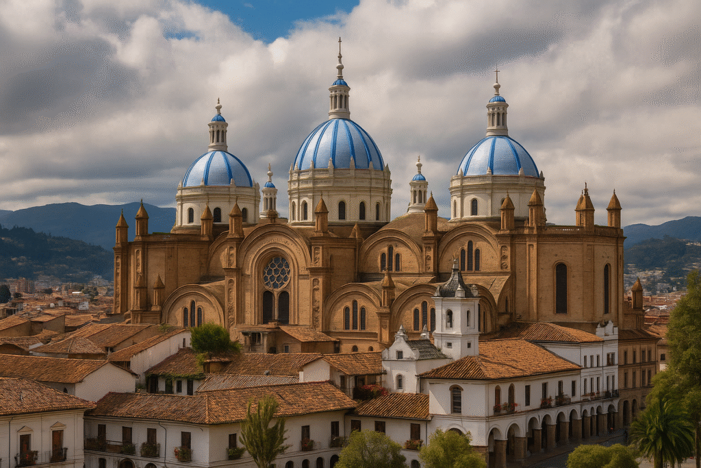 Cuenca Travel Guide โ Panoramic view of the colonial city and blue-domed cathedral at sunset