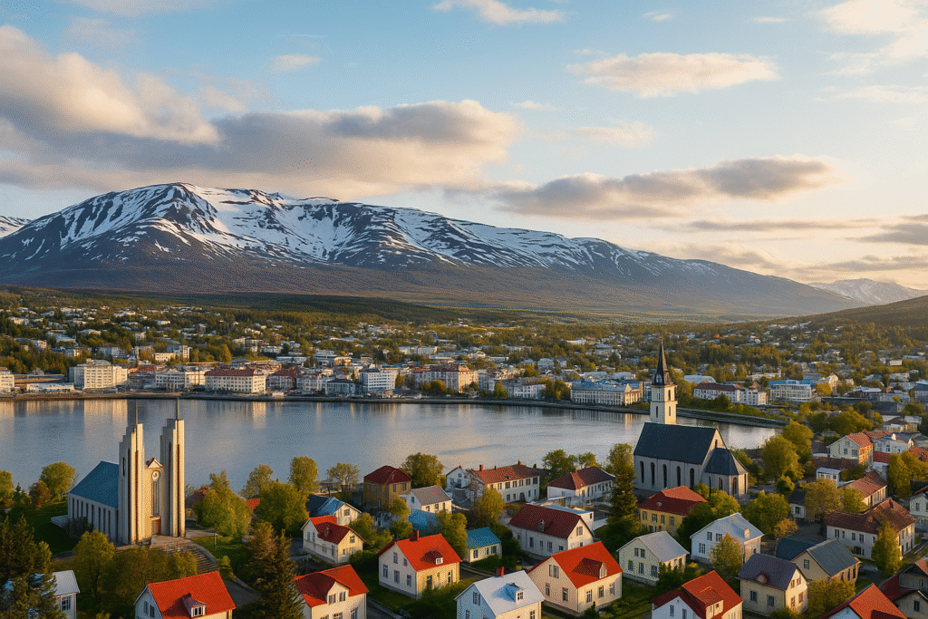Akureyri 5 Day Itinerary – Panoramic view of Akureyri harbor with colorful houses and snow-capped mountains in North Iceland