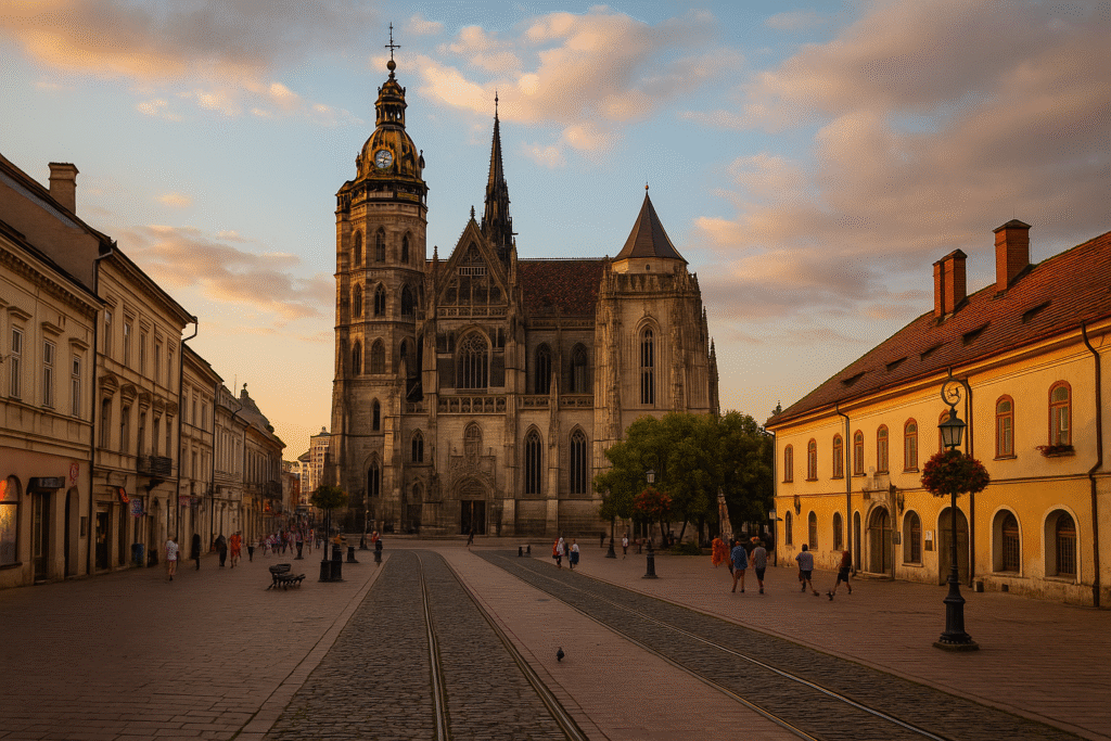 Košice Travel Guide – Sunset view of St. Elisabeth Cathedral and the historic main square