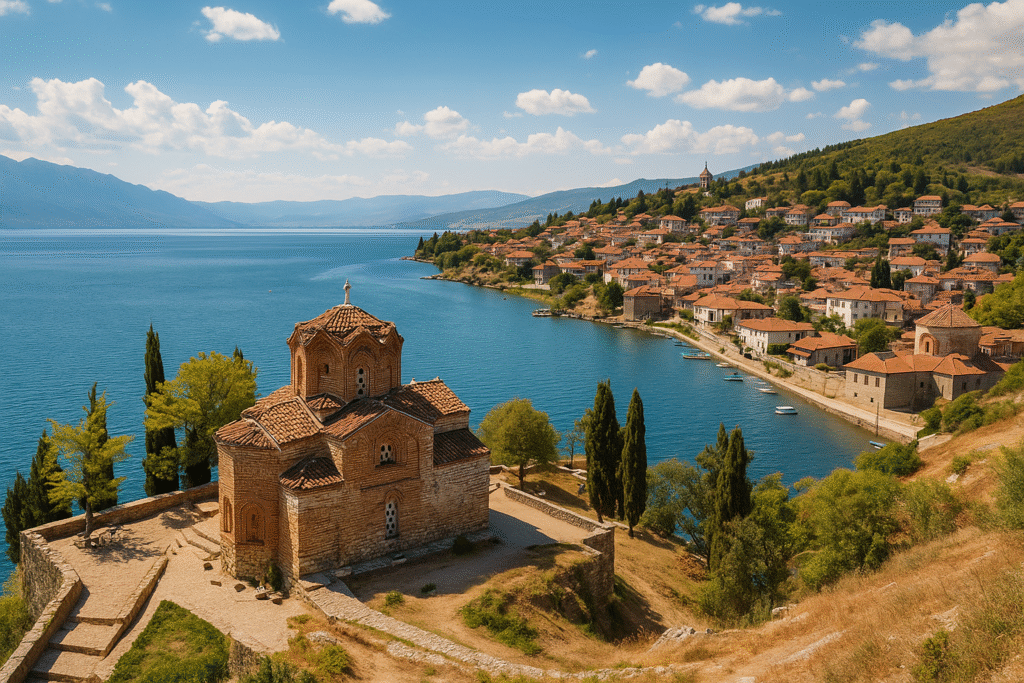 Ohrid Travel Guide – Sunset view of Lake Ohrid with fishing boats and historic churches