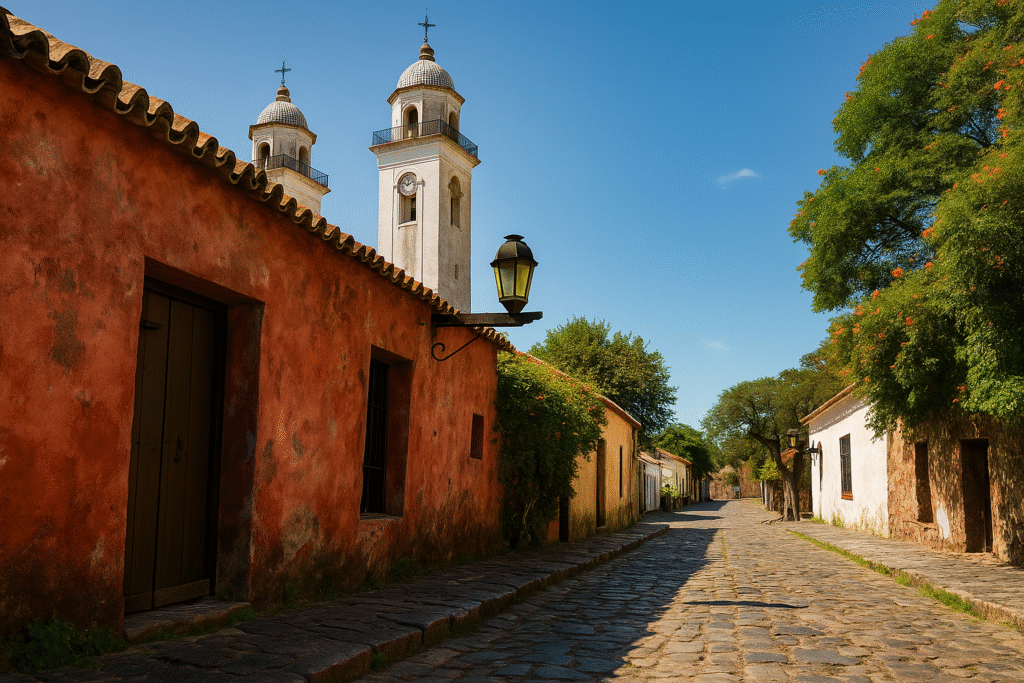 Colonia del Sacramento Travel Guide – Sunset view of cobblestone streets and colonial buildings by the river