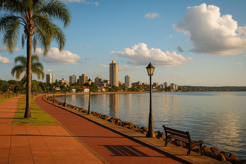 Encarnación Travel Guide – Sunset view of the Costanera with palm trees and Paraná River