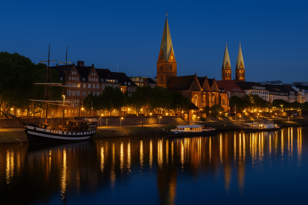 Bremen 5 Day Itinerary – Riverside view of Bremen historic old town and illuminated church spires at night