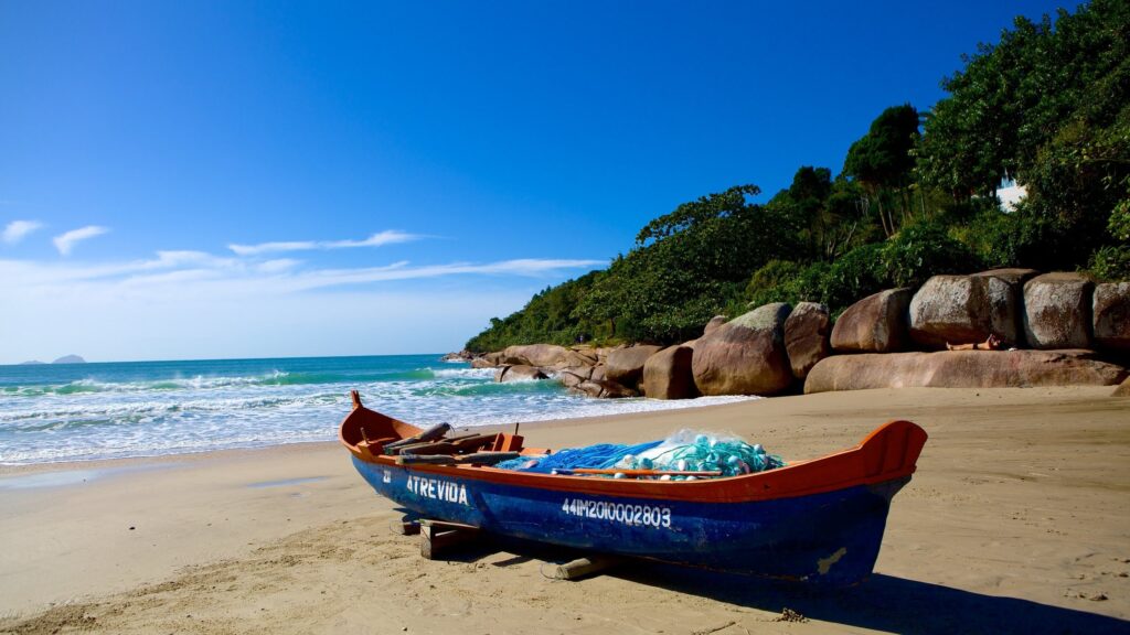 Florianópolis Brazil travel guide - aerial view of Praia Mole beach with surfers and lush green hills