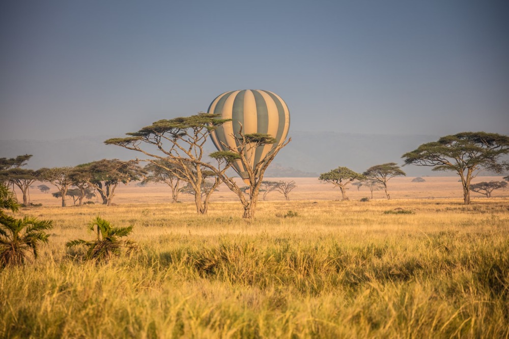 Couple on one of the best Kenya safari tours for couples, enjoying a sunrise balloon ride over Masai Mara
