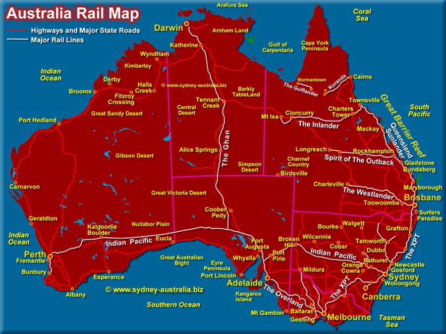 Map of top scenic train journeys Australia wide