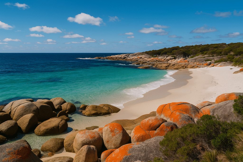 Bay of Fires white sand and orange lichen rocks – Tasmania 3 Day Itinerary