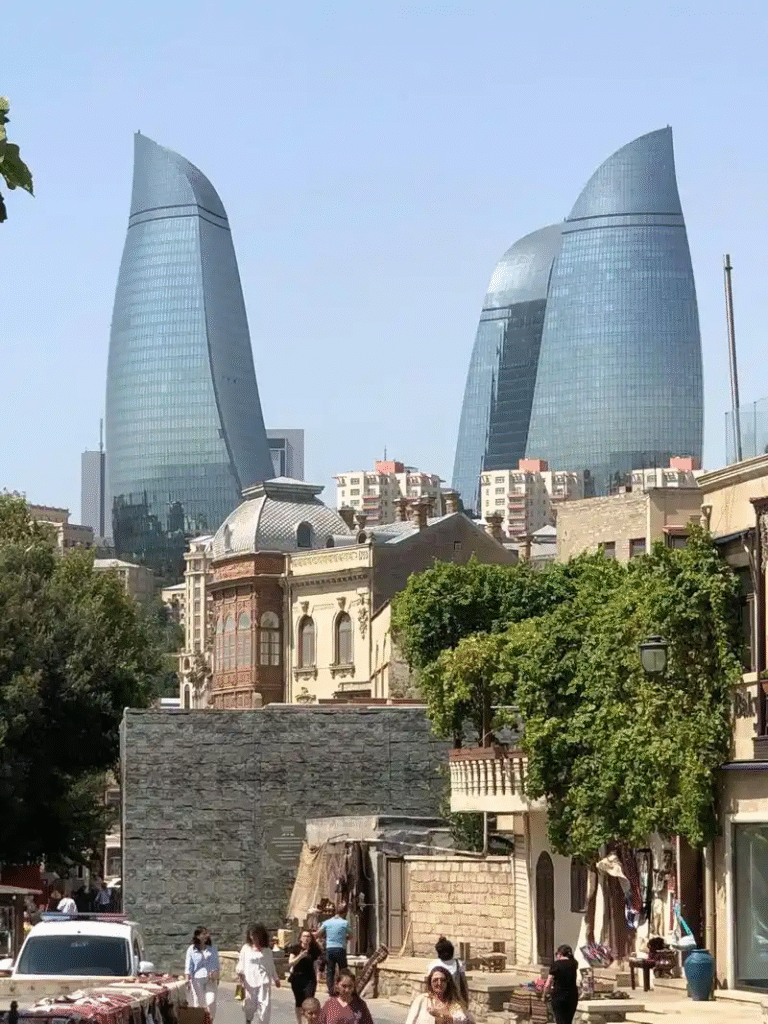View of Baku Old City with Flame Towers in background – Azerbaijan travel guide for first-time visitors