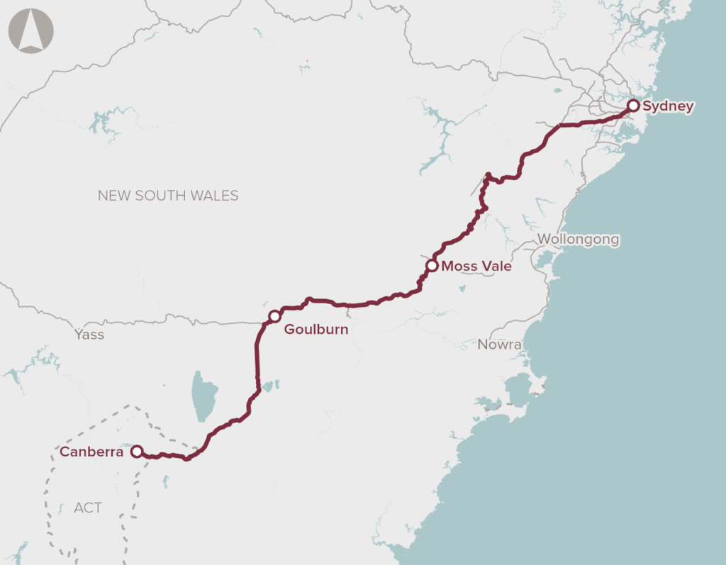 Snow-dusted Southern Tablelands seen from scenic winter train journeys in Australia between Sydney and Canberra