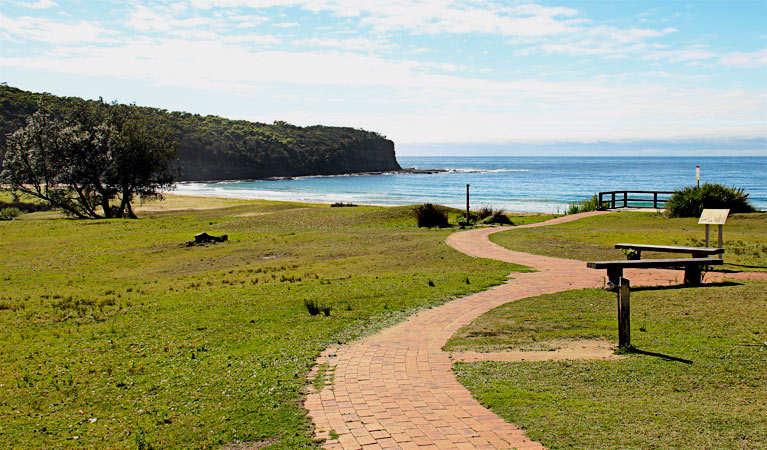 Secluded 4WD-accessible campsite at Pebbly Beach in New South Wales, featuring rugged coastline and oceanfront bush camping.