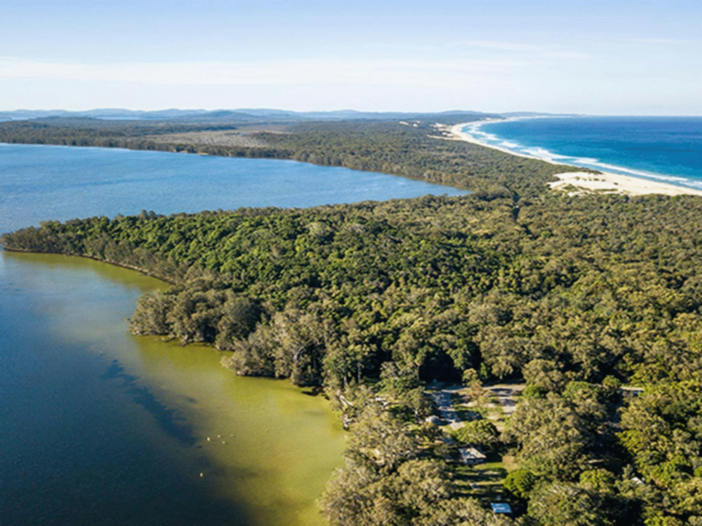 Quiet beachside campsite at Myall Lakes National Park, with a tent pitched between the lake and sea under eucalyptus trees.