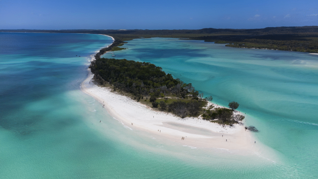 Remote beach camping at Wathumba Creek on Fraser Island, with clear waters, mangroves, and an off-grid 4WD campsite.
