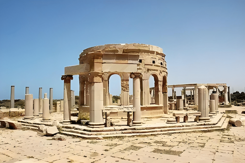 View of Leptis Magna ruins with palm trees in the background β Libya 7-day itinerary for explorers