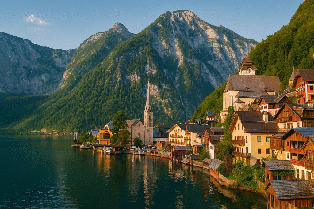 Europe travel guide – scenic village by lake with Alpine mountains in background