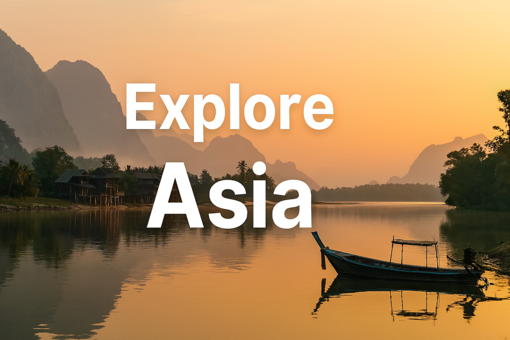 Asia travel guide – serene lake with traditional long-tail boats and misty mountains