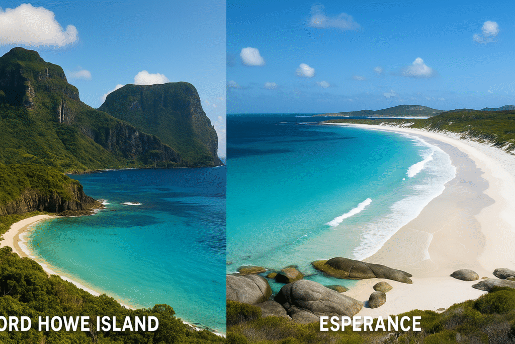 Alt text: A side-by-side photo of two underrated places in Australia—Lord Howe Island with dramatic cliffs and turquoise waters, and Esperance with untouched white-sand beaches and a crystal-clear coastline.