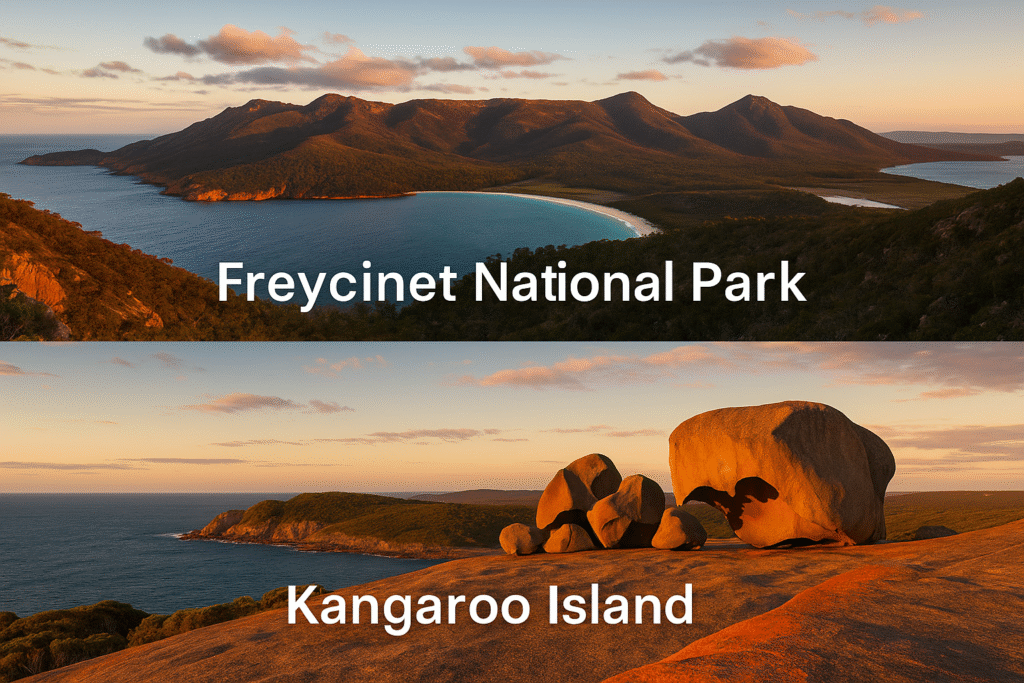 Alt text: Two stunning underrated places in Australia—Freycinet National Park showcasing Wineglass Bay’s perfect crescent beach, and Kangaroo Island with its iconic Remarkable Rocks at sunset.