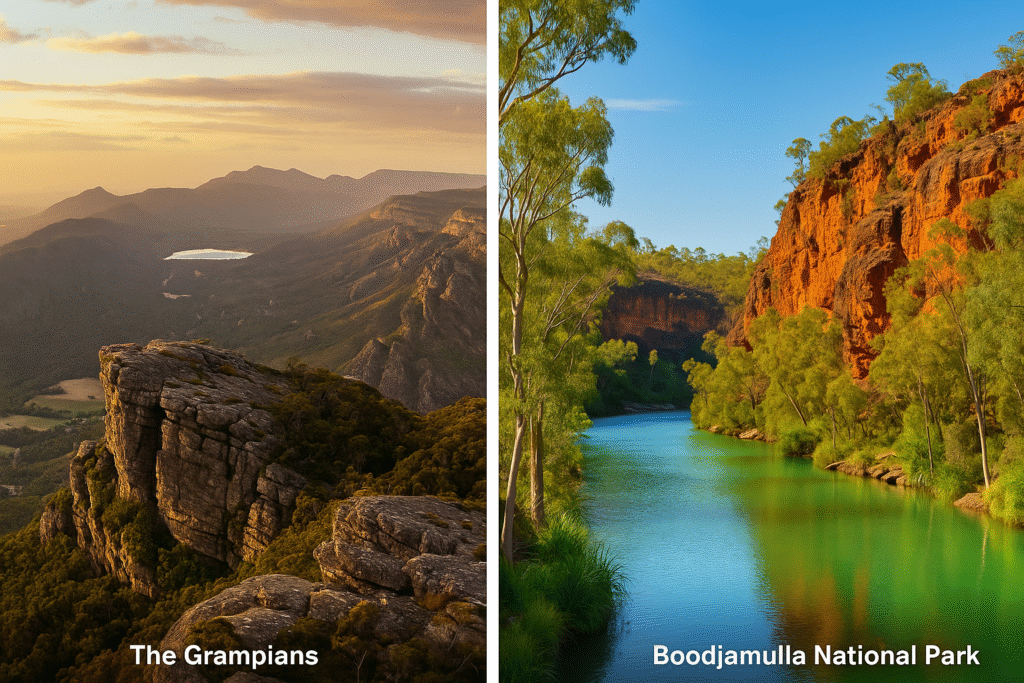 Alt text: A scenic comparison of two underrated places in Australia—The Grampians with its rugged mountain cliffs at sunset, and Boodjamulla National Park with its tranquil turquoise river winding through red-rock canyons and eucalyptus trees.