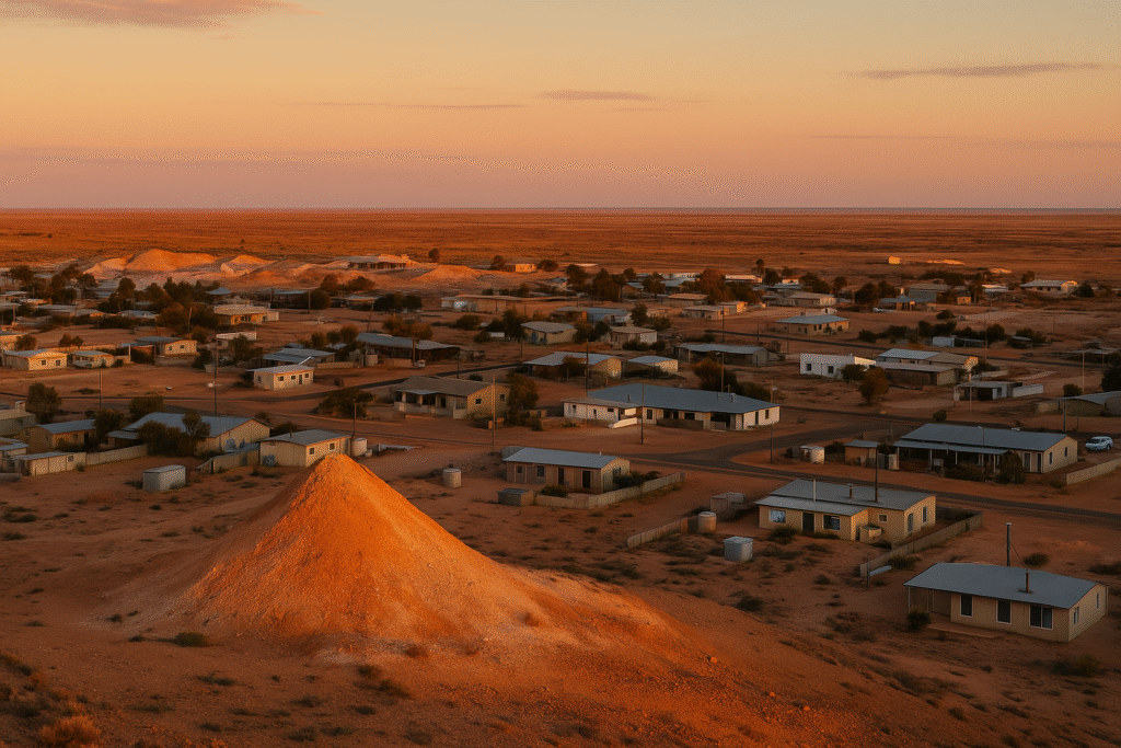Alt text: A sunset view of Coober Pedy, one of the most underrated places in Australia, showing its remote desert landscape, iconic mullock heaps, and scattered homes glowing in warm outback light.
