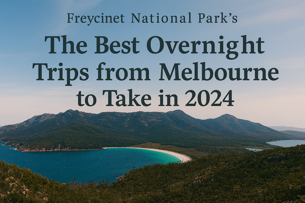 3 day Tasmania itinerary - Stunning overlook of Wineglass Bay in Freycinet National Park with turquoise waters and forested mountains.