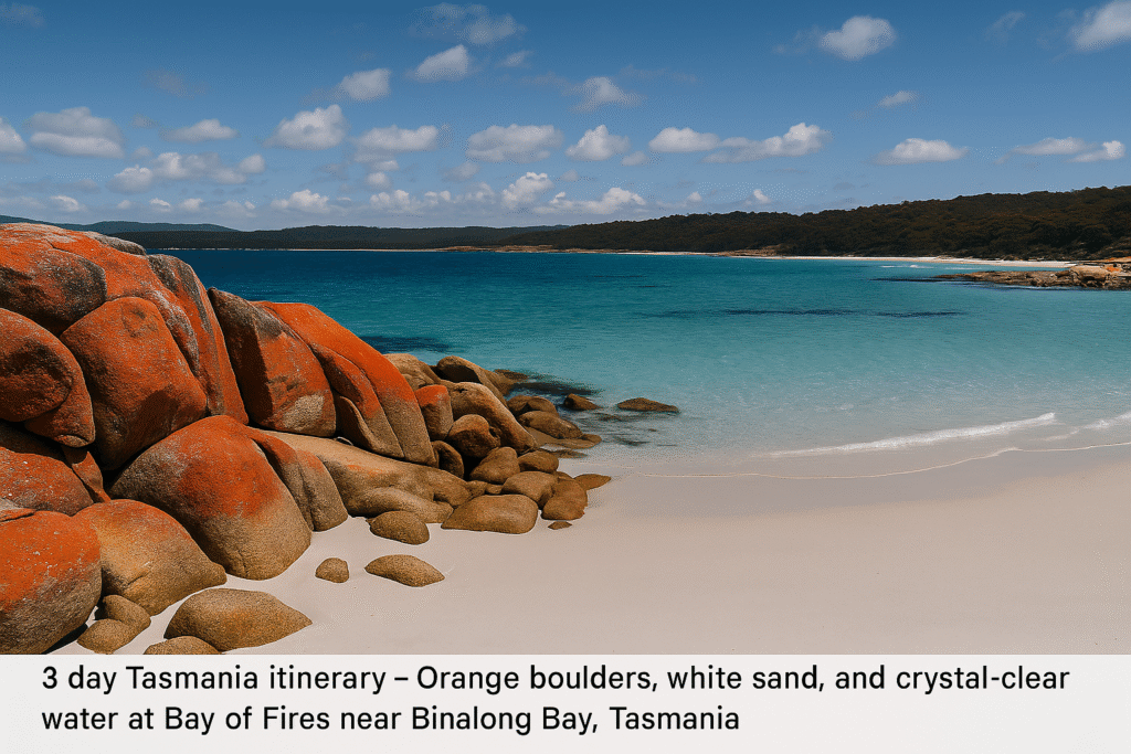 Alt text: 3 day Tasmania itinerary - Orange boulders, white sand, and crystal-clear water at Bay of Fires near Binalong Bay, Tasmania.
