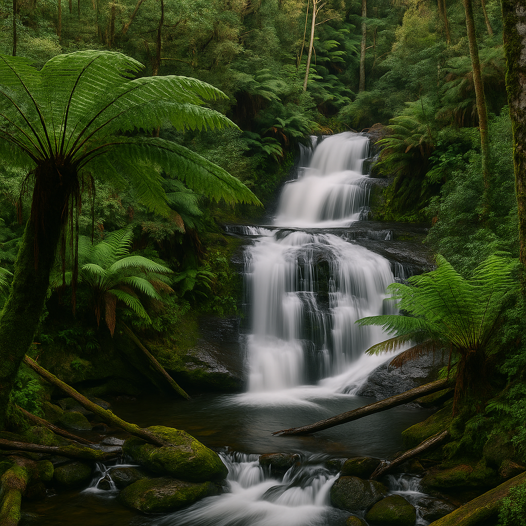 3 day Great Ocean Road itinerary – A lush rainforest trail leading to Triplet Falls in Great Otway National Park, surrounded by towering ferns and misty air.