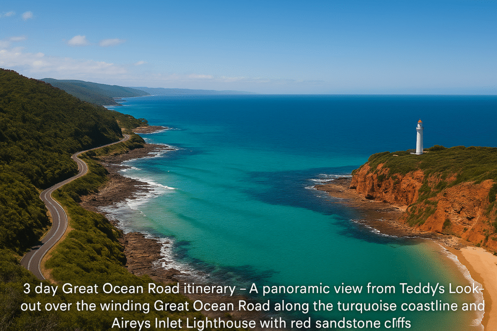 3 day Great Ocean Road itinerary – A scenic coastal panorama from Teddy’s Lookout with the curving Great Ocean Road below and Aireys Inlet Lighthouse in the distance.