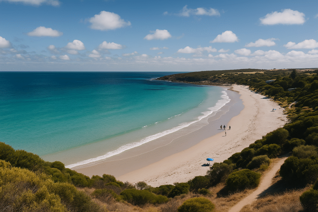 A wide-angle view of the ferry arriving at Penneshaw on Kangaroo Island, with turquoise coastal waters and the rugged Dudley Peninsula landscape in the background — perfect for a 3 day Adelaide to Kangaroo Island itinerary.