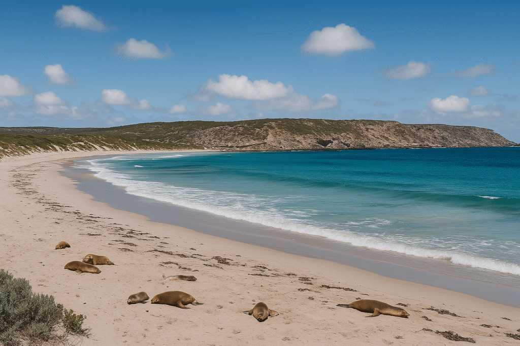 A high-resolution coastal photograph of Seal Bay on Kangaroo Island featuring sunbathing Australian sea lions along the sandy beach — a key stop in the 3 day Adelaide to Kangaroo Island itinerary.