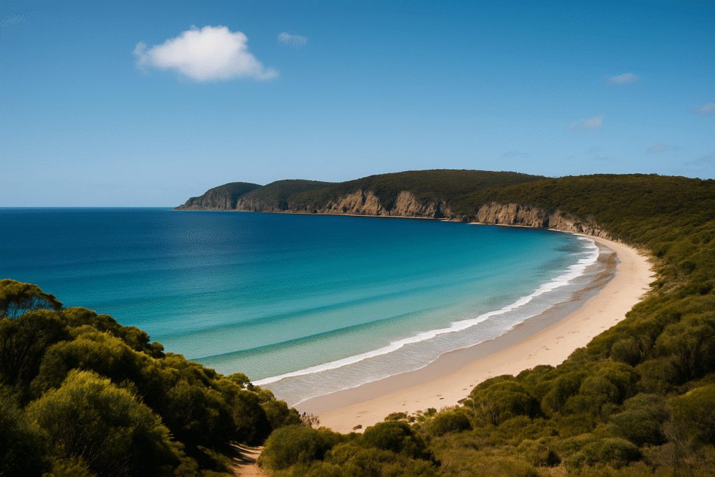 A wide-angle photo of Tasmania’s Tasman Peninsula showing a turquoise bay, crescent beach, and forested cliffs under a blue sky – representing Day 1 of the 3 Day Tasmania Itinerary from Hobart to Port Arthur.