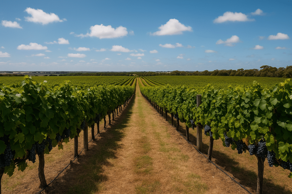 A high-resolution digital photograph showcases a vineyard and gourmet food platter in Tasmania’s Tamar Valley region, representing the wine and culinary focus of Day 2 in the 3 Day Tasmania Itinerary.