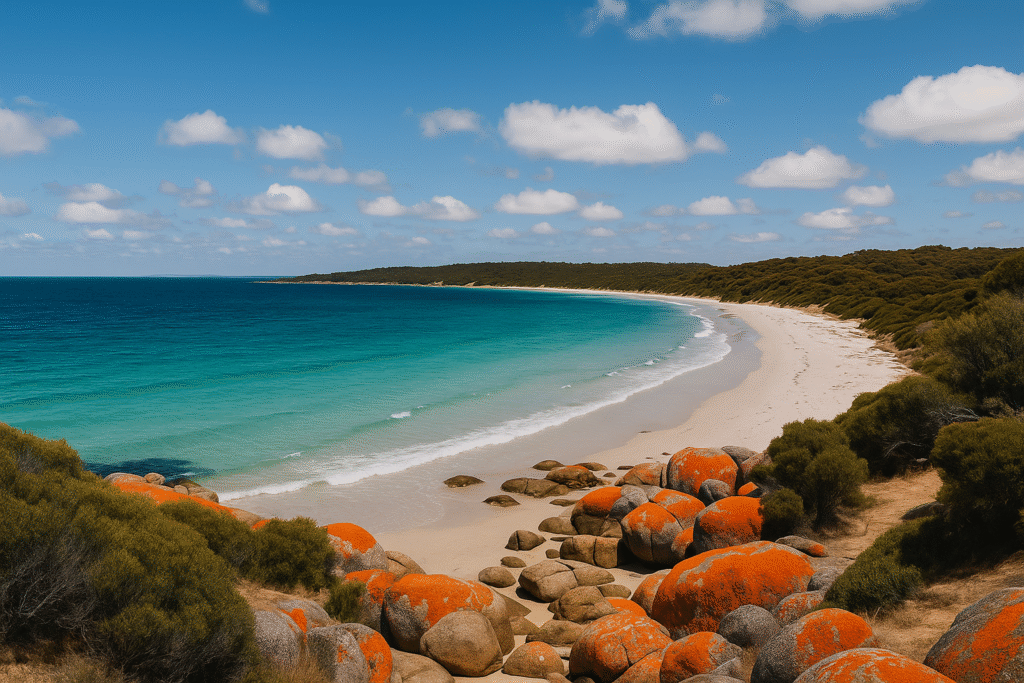 A high-resolution coastal photograph of the Bay of Fires in Tasmania, highlighting the striking contrast between vivid orange granite rocks, turquoise waters, and lush greenery—featured in Day 3 of the 3 Day Tasmania Itinerary.